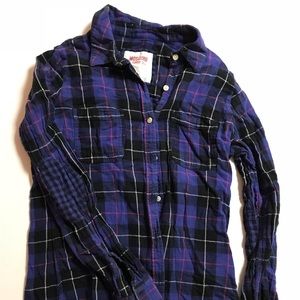 Blue plaid shirt with elbow patches